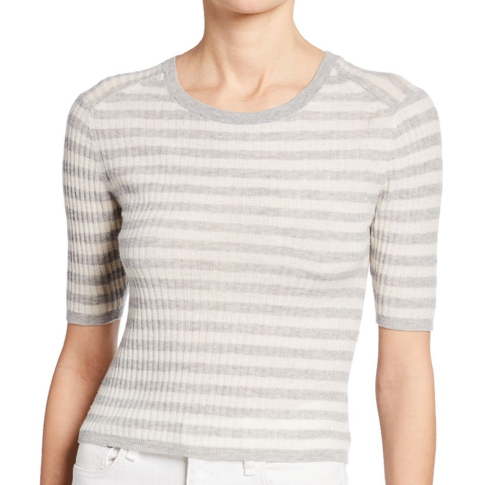 Vince Striped Elbow-Sleeve Cashmere Top